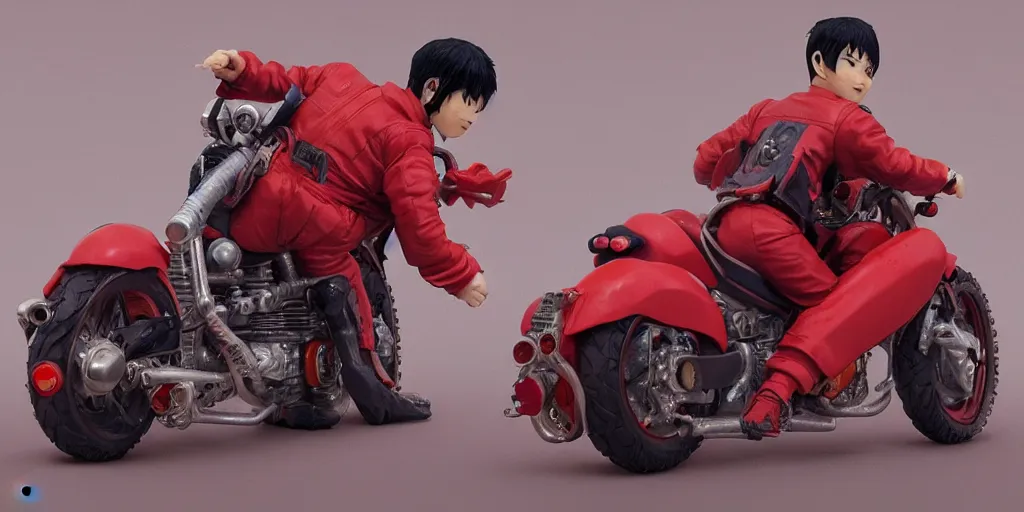 Image similar to kaneda from akira with his motorbike, character sheet, concept design, contrast, hot toys, kim jung gi, greg rutkowski, zabrocki, karlkka, jayison devadas, trending on artstation, 8 k, 3 d scene, ultra wide angle, pincushion lens effect