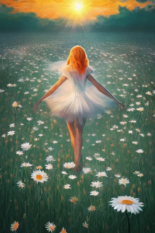 Prompt: giant white daisy flower as head, veiled girl dancing in a flower field, surreal photography, sunrise, dramatic light, impressionist painting, colorful clouds, digital painting, artstation, simon stalenhag