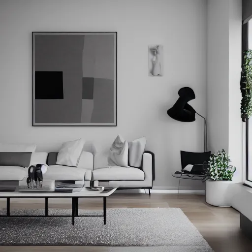 Prompt: interior of a modern and minimal living room, photorealist, 4 k