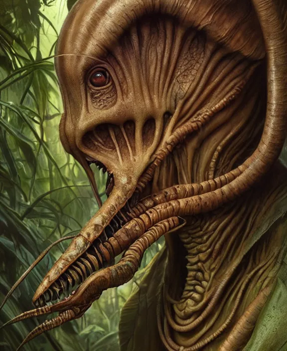 Image similar to intricate earth - toned portrait of a disturbing terrifying alien insect creature, mottling coloring, adorable, childlike, overgrown jungle environment, ultra realistic, concept art, art nouveau, photorealistic, octane render, 8 k, unreal engine. art by christopher marley and artgerm and greg rutkowski and alphonse mucha