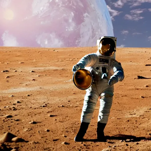 Prompt: high res astronaut doing jazz saxophone improvisation with the earth in the background, 4k photography