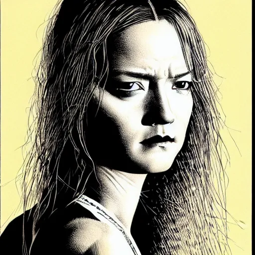 Image similar to portrait soft light, by frank mccarthy and killian eng and joe fenton, inspired by kill bill, yellow only, etching and airbrush, fine, sharp high detail