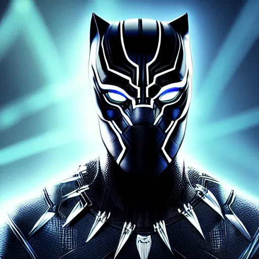 Image similar to black panther with neon lights, cyberpunk, 8K, close up shot,