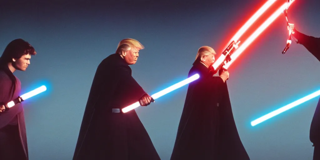 Prompt: donald trump vs joe biden, lightsaber duel on the planet mustafar, star wars revenge of the sith, canon 5 0 mm, cinematic lighting, photography, retro, film, kodachrome