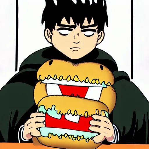 Image similar to guts from berserk eating a hamburger