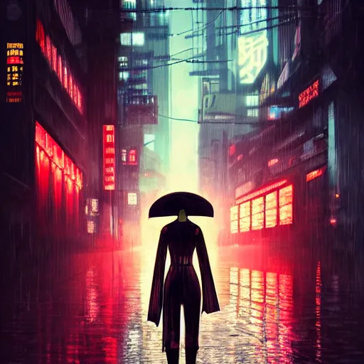 Prompt: geisha in a cyberpunk rainy city at night with a torii in the background, high quality, high detail, 4K, UHD, trending on ArtStation, blade runner vibes, ghost in the shell