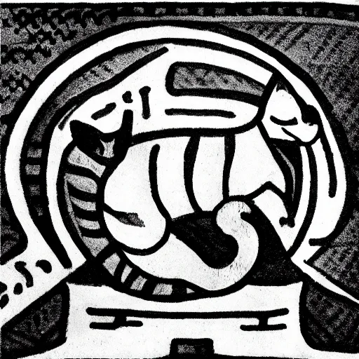 Prompt: an angry cat, line art by eric gill