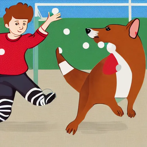 Image similar to illustration of french boy in paris playing football against a corgi, the corgi is wearing a polka dot scarf