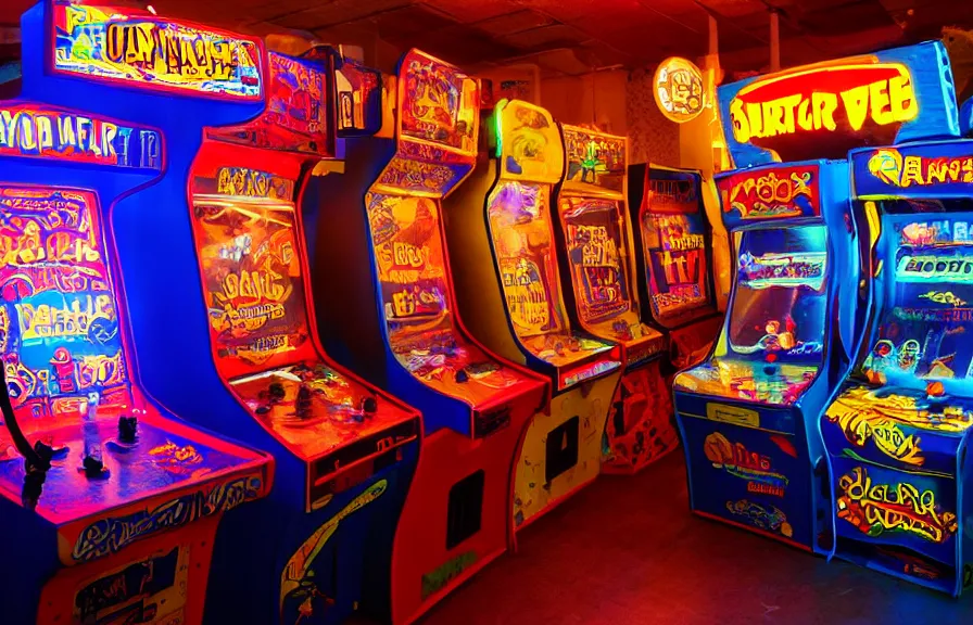 Prompt: Wide shot of a row of brightly lit retro arcade machines in an arcade, depth of field, realistic, nostalgic