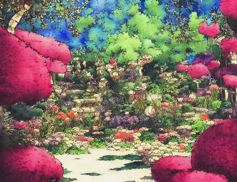 Image similar to lovecrafian persian garden. this watercolor painting by the award - winning mangaka has dramatic lighting, an interesting color scheme, a sense of depth.