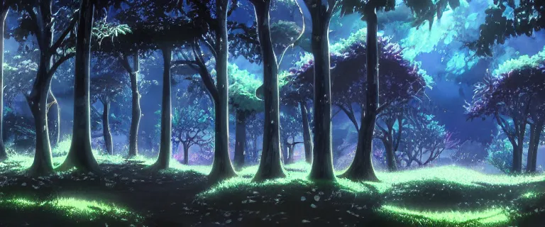 Image similar to detailed exterior of a dark mystical forest, anime key visual