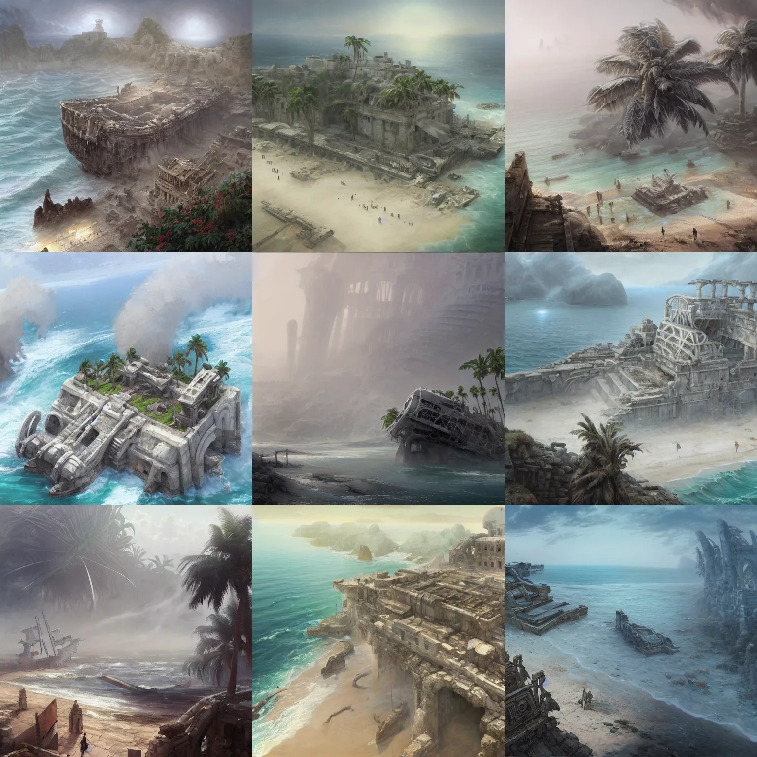 Prompt: white ancient ruins with giant wrecked ship and palms and on the foggy beach wrapped in fog, isometric view, highly detailed, digital painting, artstation, concept art, smooth, sharp focus, illustration, artstation, art by giger and greg rutkowski and hikari shimoda and edmund blair leighton and charlie bowater