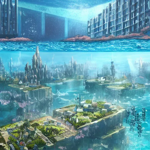 Prompt: underwater city with houses and skyscrapers made of coral on ocean reef landscape with sunshine rays from above, detailed luminescent oil painting 4 k