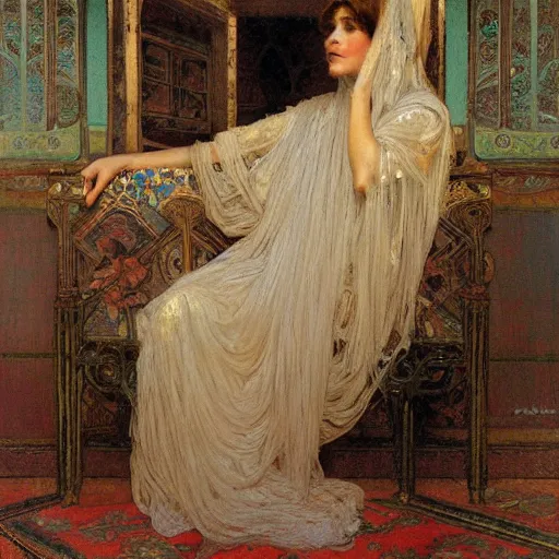 Prompt: a renaissance oil painting of a veiled ghost woman inside an intricately decorated living room by Alma Tadema, by Alphonse Mucha, pastel color scheme, digital painting