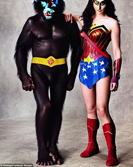 Prompt: a Chimpanzee dressed as Wonder Woman stands next to Clint Eastwood photographed in the style of Annie Leibovitz, photorealistic