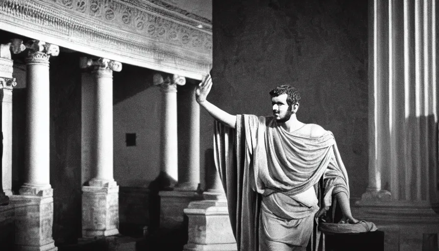 Prompt: movie still by of emperor caligula murdered by senators blood in a neoclassical room, cinestill 8 0 0 t 3 5 mm b & w, high quality, heavy grain, high detail, dramatic light, ultra wide lens, anamorphic