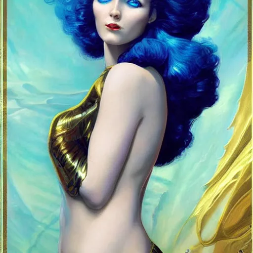 Image similar to a woman with blue and gold hair, an art deco painting by art of brom and karol bak and aurel bernath, featured on behance and cgsociety, fantasy art, gothic art, poster art, art deco, tarot card, pre - raphaelite
