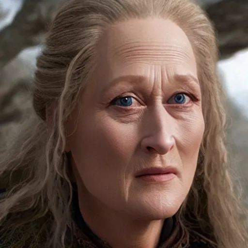 Image similar to first photos of 2 0 2 4 female lotr remake - meryl streep as denethor, ( eos 5 ds r, iso 1 0 0, f / 8, 1 / 1 2 5, 8 4 mm, postprocessed, crisp face, facial features )