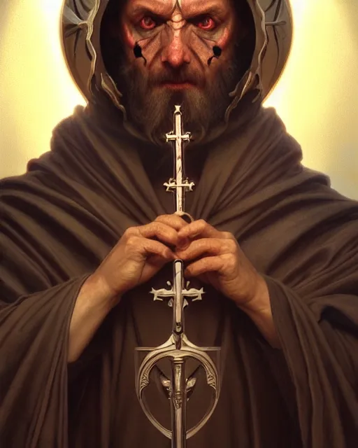 Image similar to realistic wide angle portrait of a nasty bishop, cross, evil, heroic pose, beautiful face, bible, full body, dramatic lighting, intricate, wild, highly detailed, digital painting, artstation, concept art, smooth, sharp focus, illustration, art by artgerm and greg rutkowski and alphonse mucha, footage from space camera