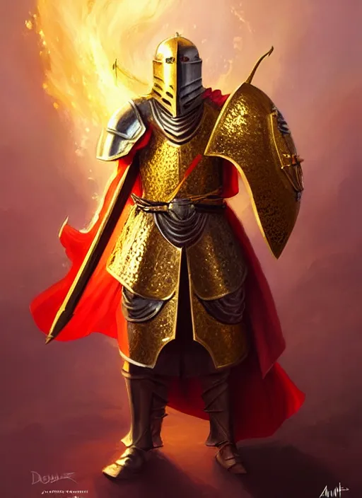 Image similar to knight with red plume, golden gold sword and big shield, fire background, fantasy rpg, firey environment, oil _ painting _ unreal _ 5 _ daz. _ rpg _ portrait _ extremely _ detailed _ artgerm _ greg _ rutkowski _ greg