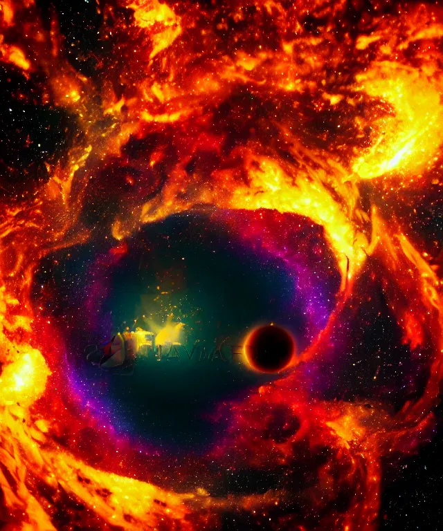 Image similar to black hole, sun, space, photorealistic, bright colors, phoenix flames, nebula clouds, soft tones