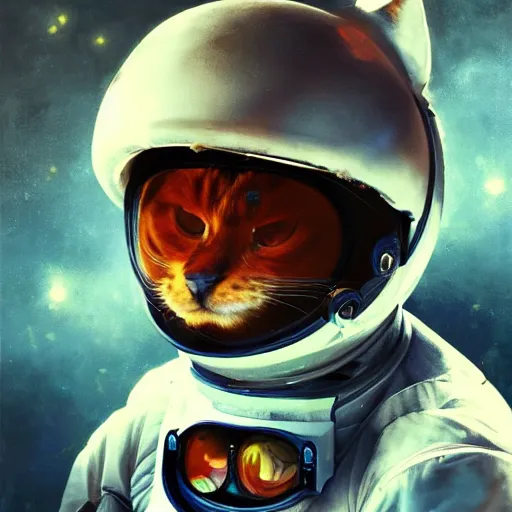 Prompt: portrait of a calico cat wearing a cosmonaut suit, concept art, painting by Viktor Vasnetsov, cinematic lighting , cinematic mood, very detailed, 8k, high resolution