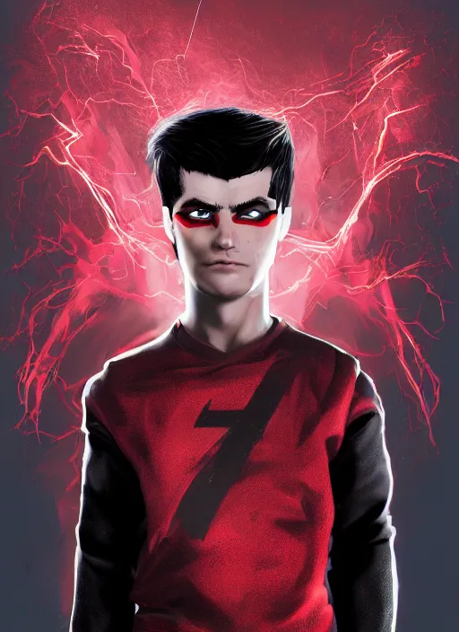 Prompt: An epic fantasy comic book style portrait painting of a young man with black and red cowlick haircut, red eyes, wearing an red shirt with X symbol, black overcoat, blue jeans. He is surrounded by red energy. Wearing a power scouter. Unreal 5, DAZ, hyperrealistic, octane render, cosplay, RPG portrait, dynamic lighting