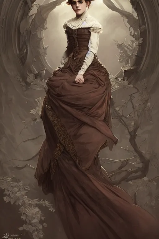 Image similar to Emma Watson dressed in a victorian fashion, D&D, fantasy, intricate, elegant, highly detailed, digital painting, artstation, concept art, matte, sharp focus, illustration, art by Artgerm and Greg Rutkowski and Alphonse Mucha