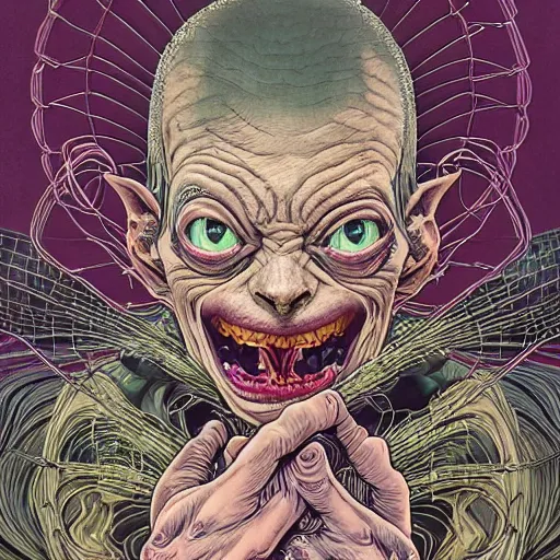 Image similar to portrait of crazy gollum, symmetrical, by yoichi hatakenaka, masamune shirow, josan gonzales and dan mumford, ayami kojima, takato yamamoto, barclay shaw, karol bak, yukito kishiro