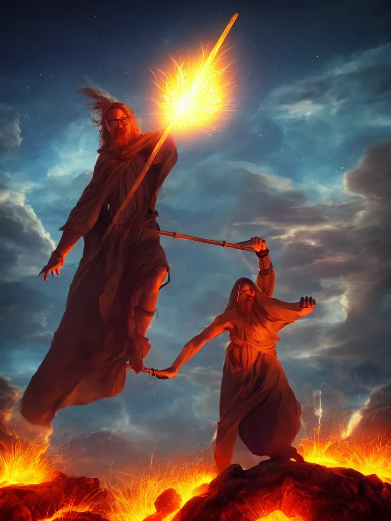 Image similar to levitating wizard wielding a spear, opening a shining portal, night sky, horizon of an erupting volcano, 4 k, ultra realistic, detailed, epic lighting, high detail, masterpiece, trending on artstation