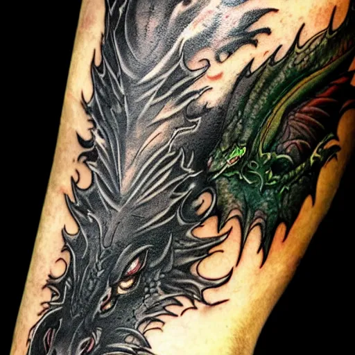 Prompt: dark and vibrant fantasy dragon!!! drake wyvern, black and emerald dragon!!, forearm tattoo