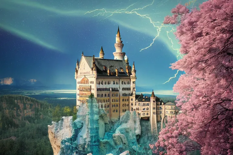 Image similar to neuschwanstein castle on pamukkale thermal waters flowing down gold travertine terraces in royal blue antelope canyon during sakura season on an interstellar aurora borealis with heavy thunder and lightning, pink and pink waterfalls, by peter mohrbacher, james jean, james gilleard, greg rutkowski, vincent di fate, rule of thirds, octane render, beautiful landscape