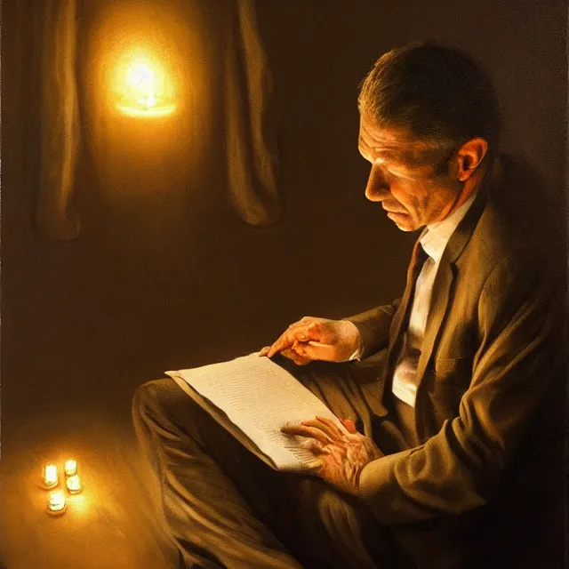 Image similar to ultra - realistic horrifying painting of a terrified man in a suit reading a dead sea scroll by candlelight, by dave dorman, paul carrick, dark, brooding, volume lighting, atmospheric lighting, painted, intricate, ultra detailed, well composed, best on artstation, cgsociety, epic, stunning, gorgeous, intricate detail, wow, masterpiece