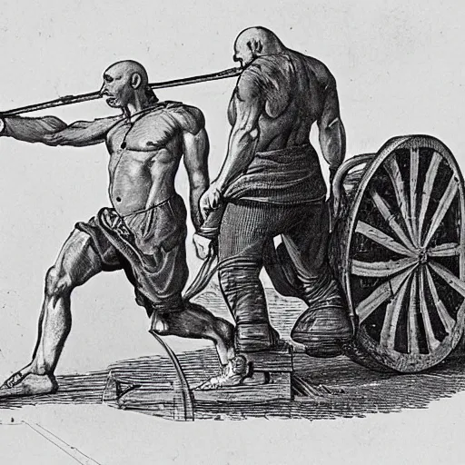 Image similar to a muscular bald man carrying engines on his back, technical diagram