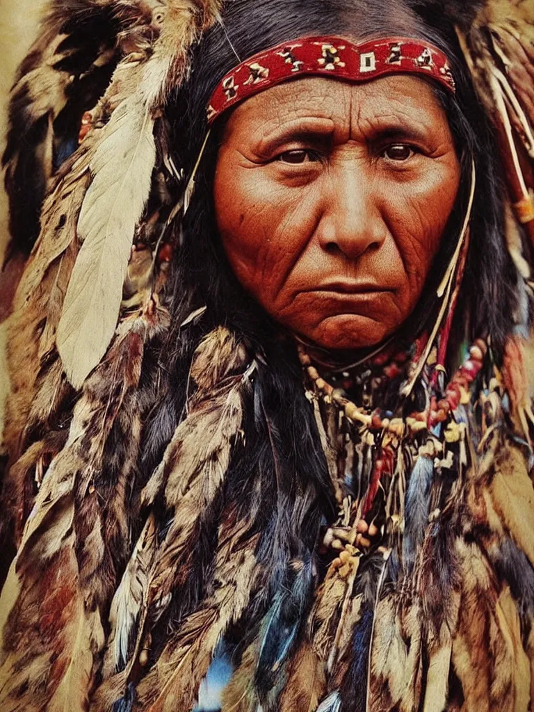 Image similar to “Color Photo of Native American indian woman, portrait, skilled warrior of the Chiricahua Apache, Lozen, wearing traditional clothing, showing pain and sadness on her face, realistic, detailed, shot like National Geographic”