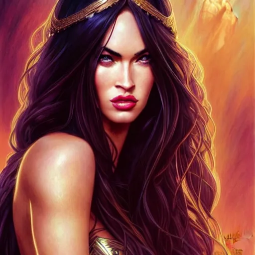 Prompt: Megan Fox as a fantasy magic woman portrait, sci-fi, amber eyes, face, long hair, fantasy, intricate, elegant, highly detailed, digital painting, artstation, concept art, smooth, sharp focus, illustration, art by artgerm and greg rutkowski and alphonse mucha