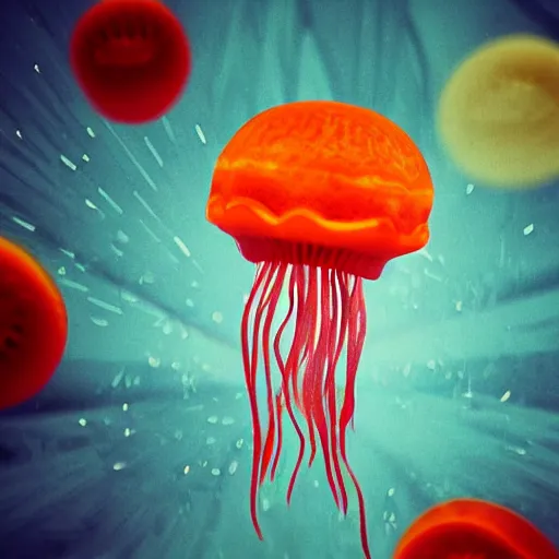 Image similar to hamburger mix jellyfish, cg, 8 k, surrealistic, sharp focus, style by andy warhol