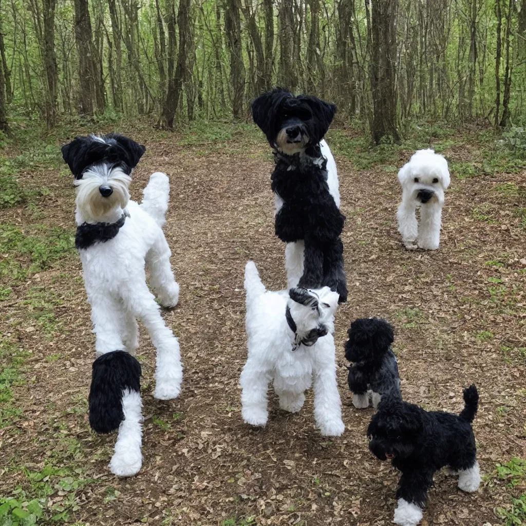 Prompt: of a white teddy walks in the woods with a black schnauzer,