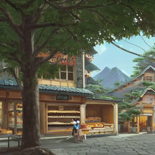 Image similar to concept art painting of a historic bakery with european and japanese architecture, surrounded by trees and mountains, realistic, detailed, cel shaded, in the style of makoto shinkai and greg rutkowski and james gurney