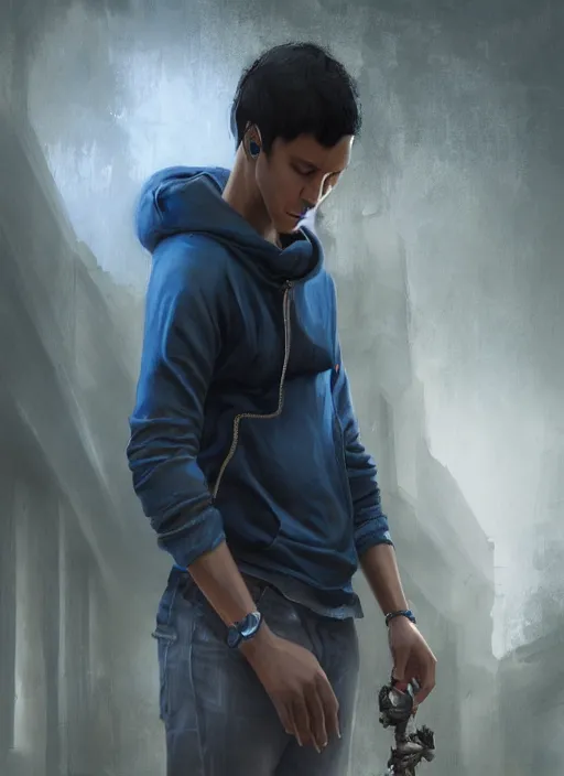 Image similar to young peruvian man with short black hair, male, dressed in blue, looking down, half body shot, arms down, path traced, highly detailed, high quality, digital painting, bastien lecouffe - deharme