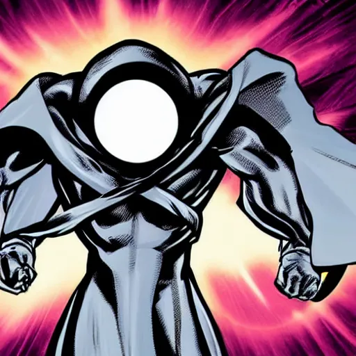 Prompt: white cloaked superhero with a white full ghost mask no mouth and huge black hole - eyes, and a noose knot around his neck hyperdetailed comic book illustration