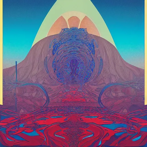 Image similar to chromostereopsis landscape by beeple and Alphonse Mucha