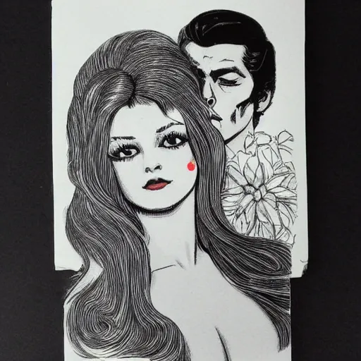 Prompt: 1 9 6 0 s drawing symmetrical pretty elegant brigitte bardot as a vampire kissing alain delon, very detailed intricate intaglio, style of takato yamamoto, lots of flowers