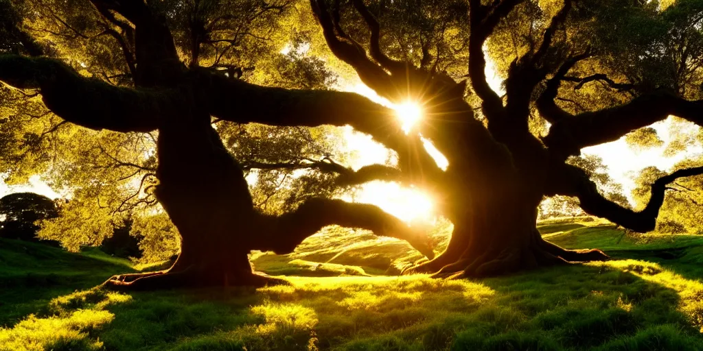 Image similar to magical hobbits shire. big old tree above. golden hours