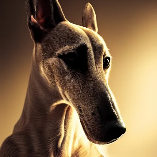 Image similar to portrait art of brown white greyhound as a police officer, art by alessio albi 8 k ultra realistic, lens flare, atmosphere, glow, detailed, intricate, full of colour, led lighting, trending on artstation, 4 k, hyperrealistic, focused, extreme details, unreal engine 5, masterpiece