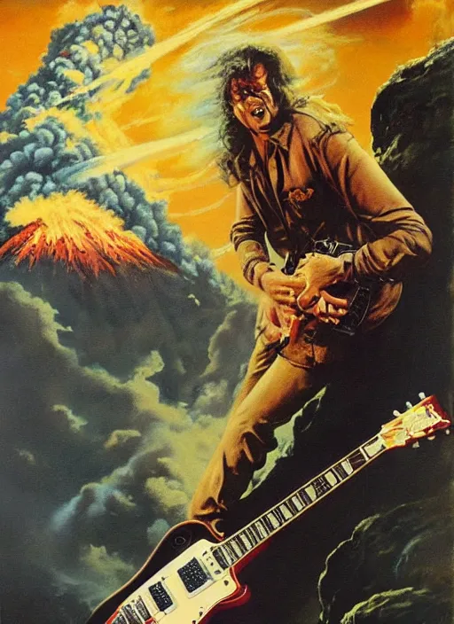 Prompt: rodney dangerfield shredding on a gibson les paul, painting by frank frazetta, heavy metal artwork, bad motherfucker playing a face - melting solo while a volcano erupts, high intensity