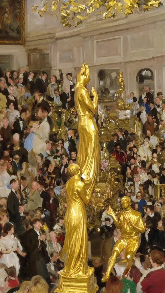 Image similar to a crowd of people pray a golden rabbit statue god in up center, botanical room by john singer sargent