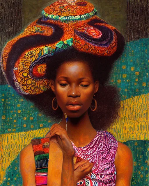 Prompt: a beautiful african girl in a colourful dress with surrounded by colourful patterns, by gustave klimt and edgar maxence and caravaggio and michael whelan, artistic, intricate drawing, light brazen, realistic fantasy, extremely detailed and beautiful aesthetic face, 8 k resolution, dramatic lighting
