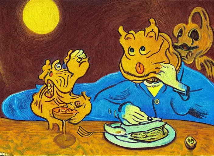 Image similar to surrealist painting of garfield eating lasagna at dusk, in the style of vincent van gogh and salvador dali and wayne barlowe