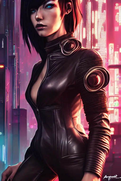 Image similar to hyperdetailed close portrait of a european woman in a leather suit with a pin in a cyberpunk city inspired by ross tran and wlop and masamune shirow and kuvshinov, concept art, intricate, photorealistic, octane render, rtx, hdr, unreal engine, dnd digital art by artgerm